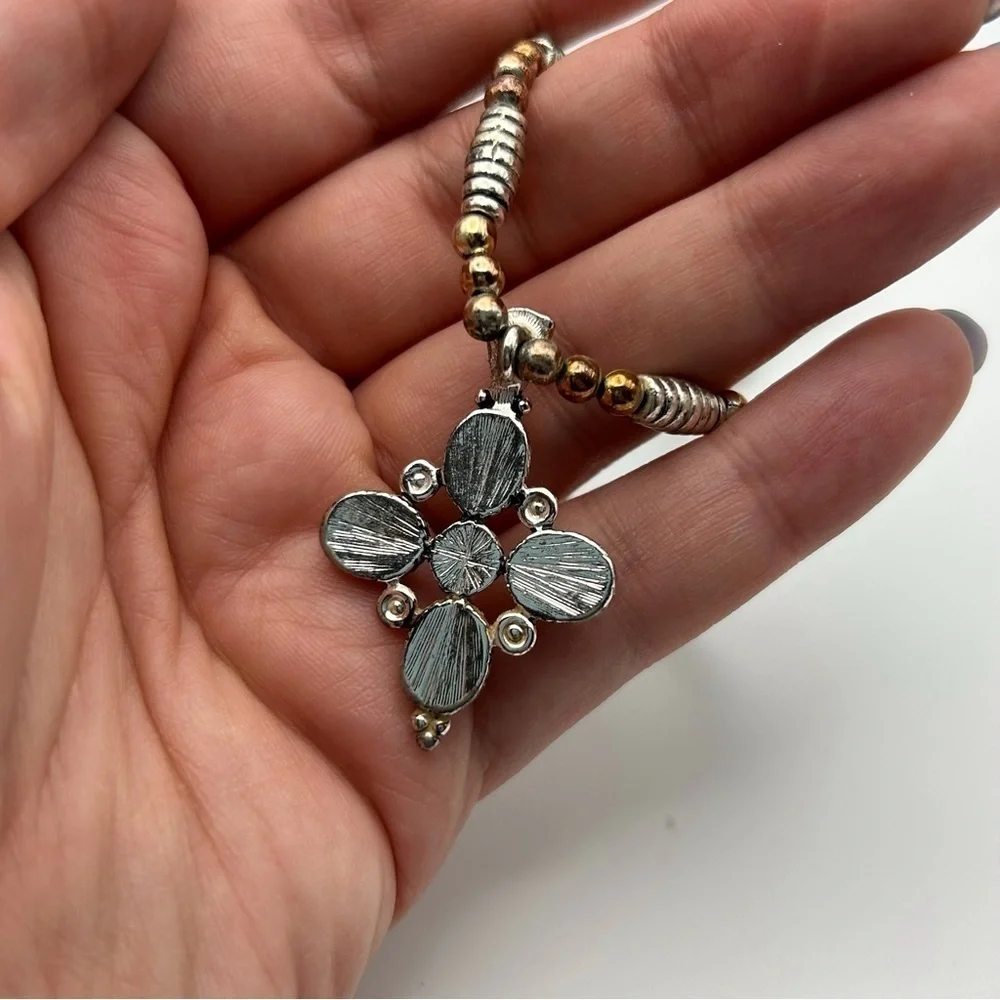 Vintage Napier Silver Tone Spiral Beaded with Bronze Beads Cross Flower Necklace